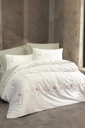 Cotton Box 3D Nakışlı Saten Çift Kişilik Nevresim Takımı Jenika Mint