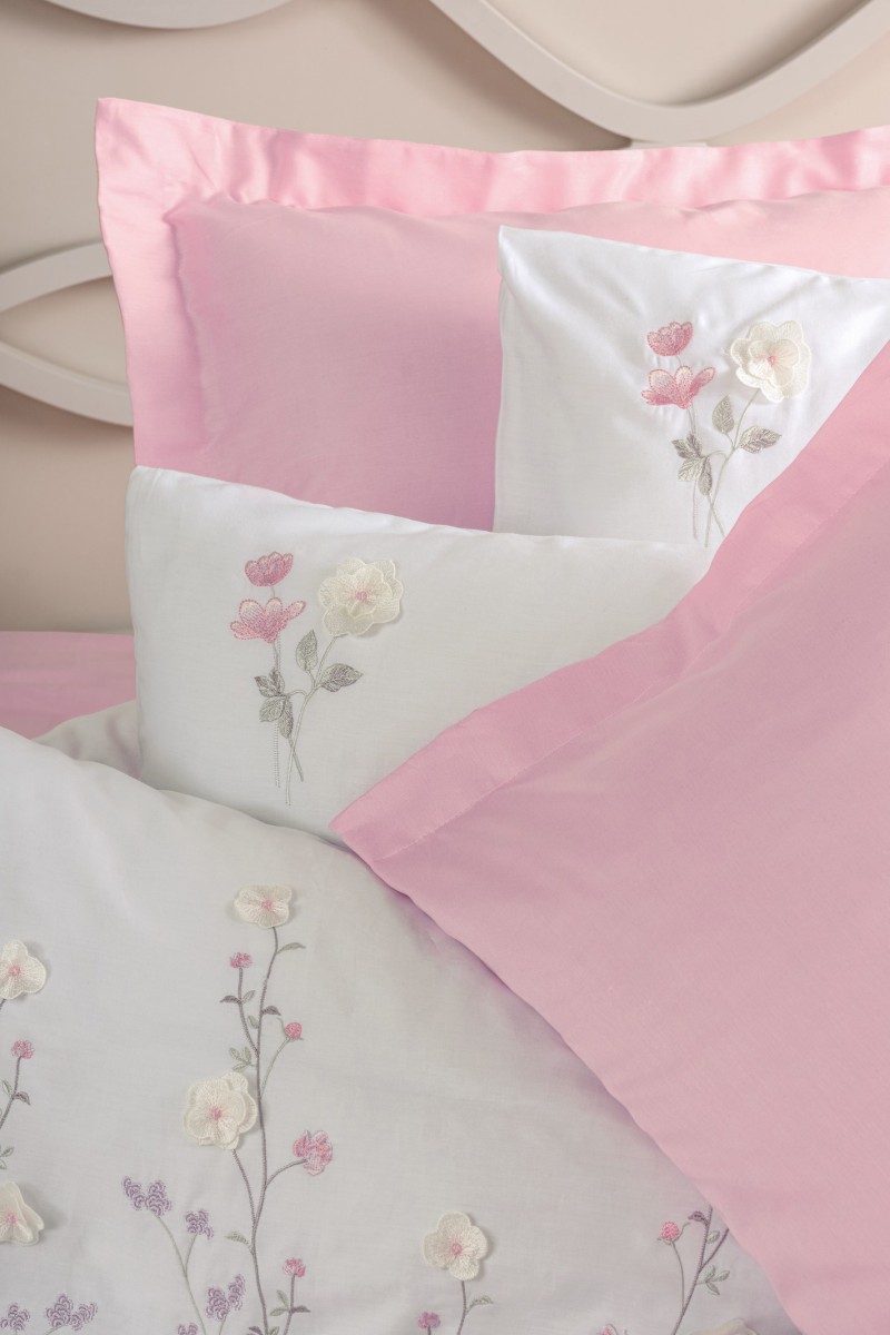 Cotton Box 3D Nakışlı Saten Çift Kişilik Nevresim Takımı Jolie Pembe detay görseli