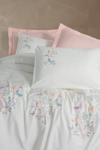 Cotton Box 3D Nakışlı Saten Çift Kişilik Nevresim Takımı Liva Pudra