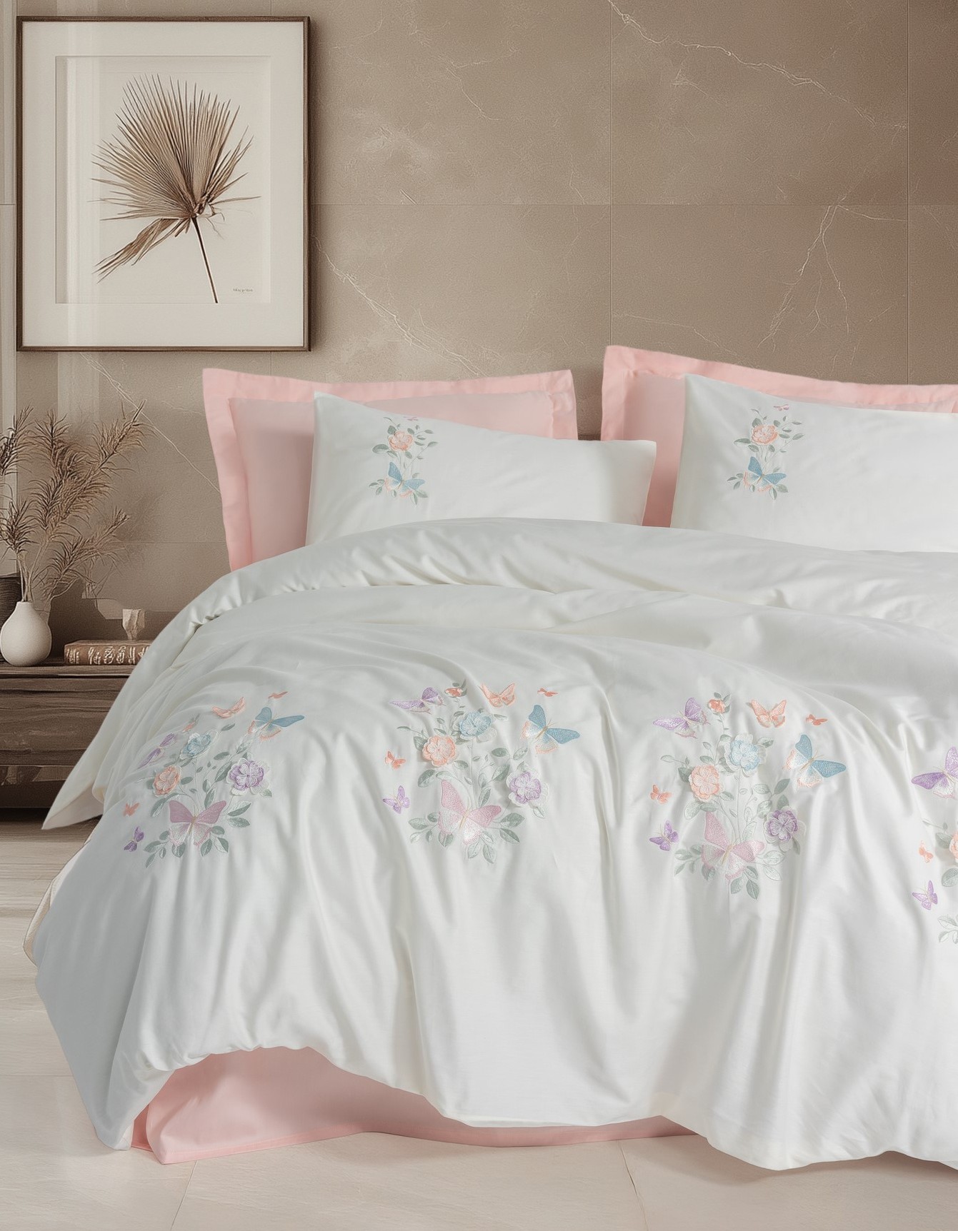 Cotton Box 3D Nakışlı Saten Çift Kişilik Nevresim Takımı Liva Pudra