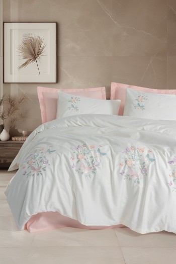 Cotton Box 3D Nakışlı Saten Çift Kişilik Nevresim Takımı Liva Pudra