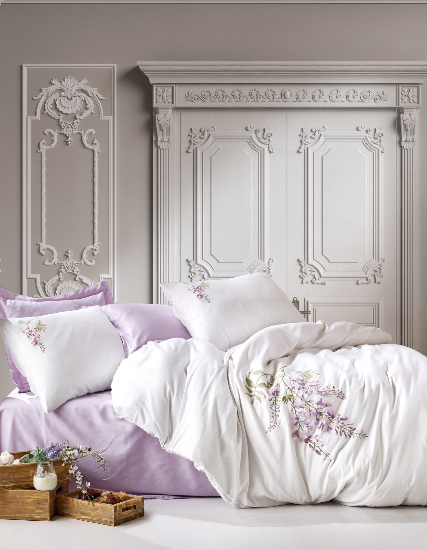 Cotton Box 3D Nakışlı Saten Çift Kişilik Nevresim Takımı Mita Lila