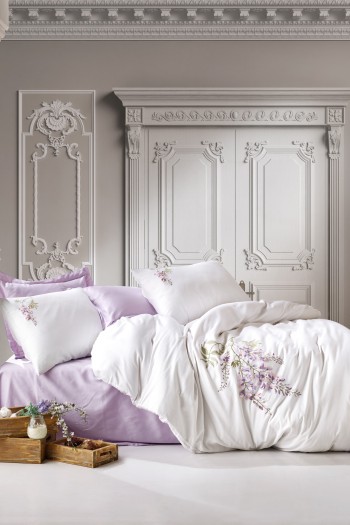 Cotton Box 3D Nakışlı Saten Çift Kişilik Nevresim Takımı Mita Lila