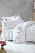 Cotton Box 3D Nakışlı Saten Çift Kişilik Nevresim Takımı Perla Beyaz