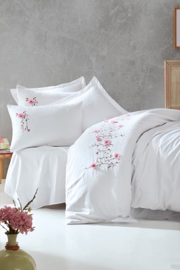 Cotton Box 3D Nakışlı Saten Çift Kişilik Nevresim Takımı Perla Beyaz