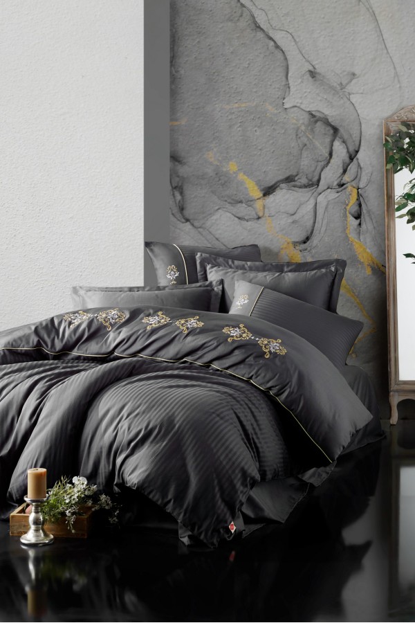Cotton Box Brode Nakışlı Saten Çift Kişilik Nevresim Takımı King Antrasit