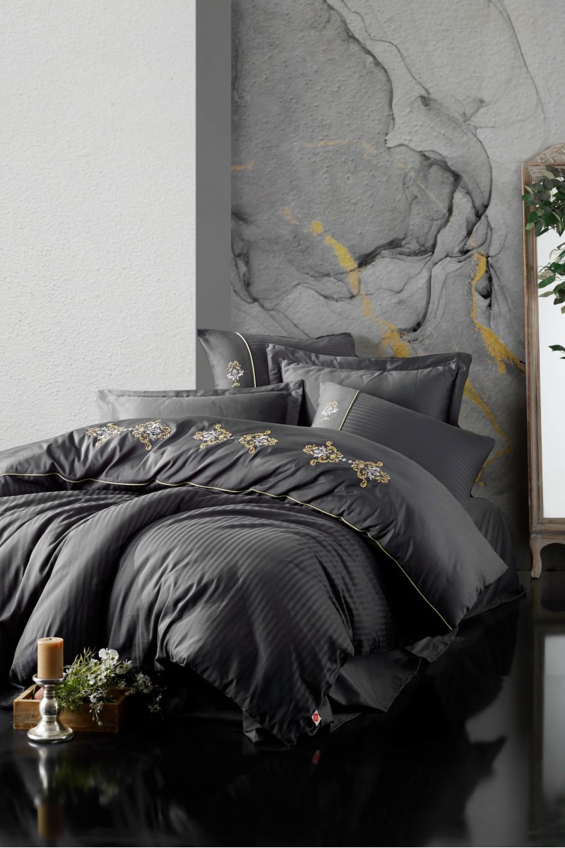 Cotton Box Brode Nakışlı Saten Çift Kişilik Nevresim Takımı King Antrasit