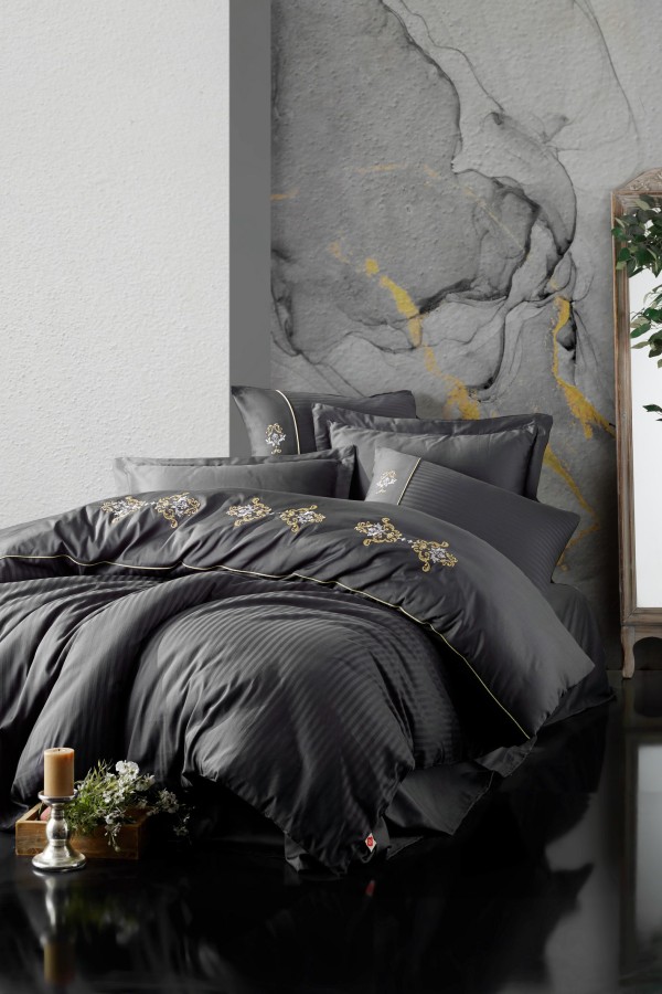 Cotton Box Brode Nakışlı Saten Çift Kişilik Nevresim Takımı King Antrasit