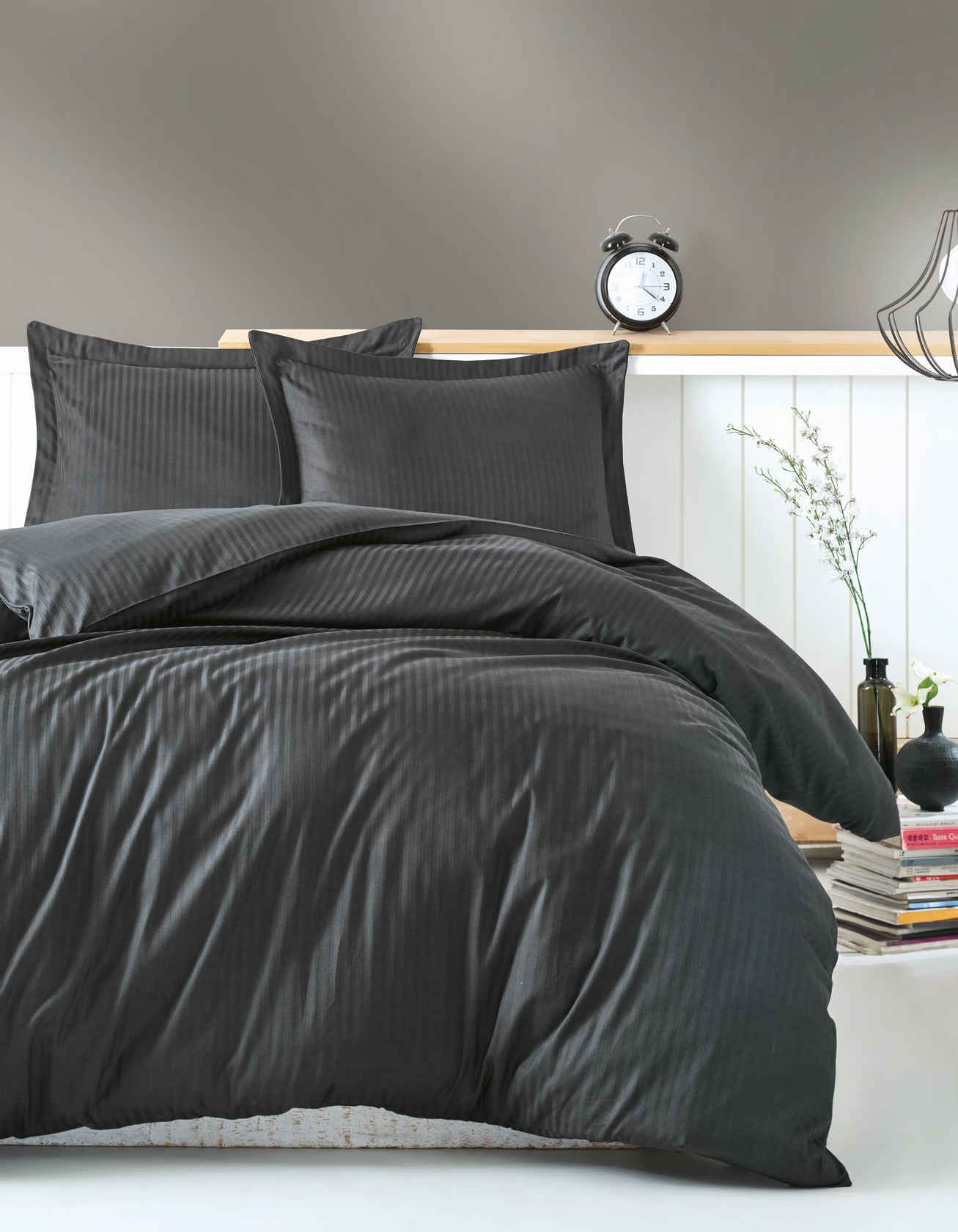 Cotton Box Elegant Stripe Çift Kişilik Nevresim Takımı Saten Antrasit