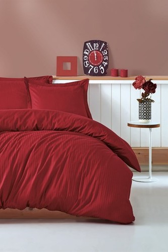Cotton Box Elegant Stripe Çift Kişilik Nevresim Takımı Saten Bordo