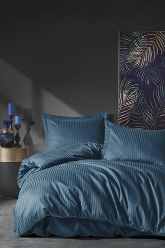 Cotton Box Elegant Stripe Çift Kişilik Nevresim Takımı Saten Mavi