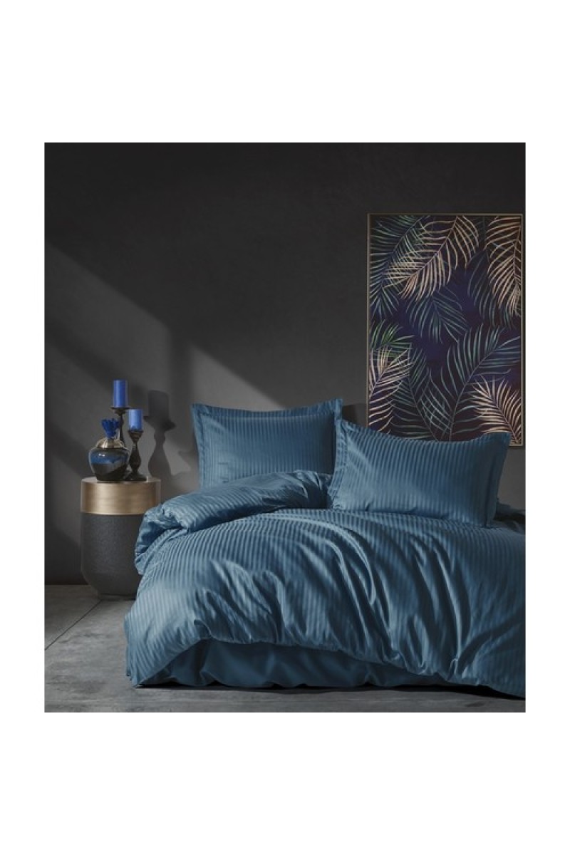 Cotton Box Elegant Stripe Çift Kişilik Nevresim Takımı Saten Mavi