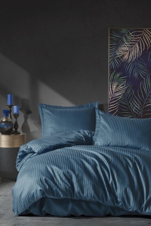 Cotton Box Elegant Stripe Çift Kişilik Nevresim Takımı Saten Mavi