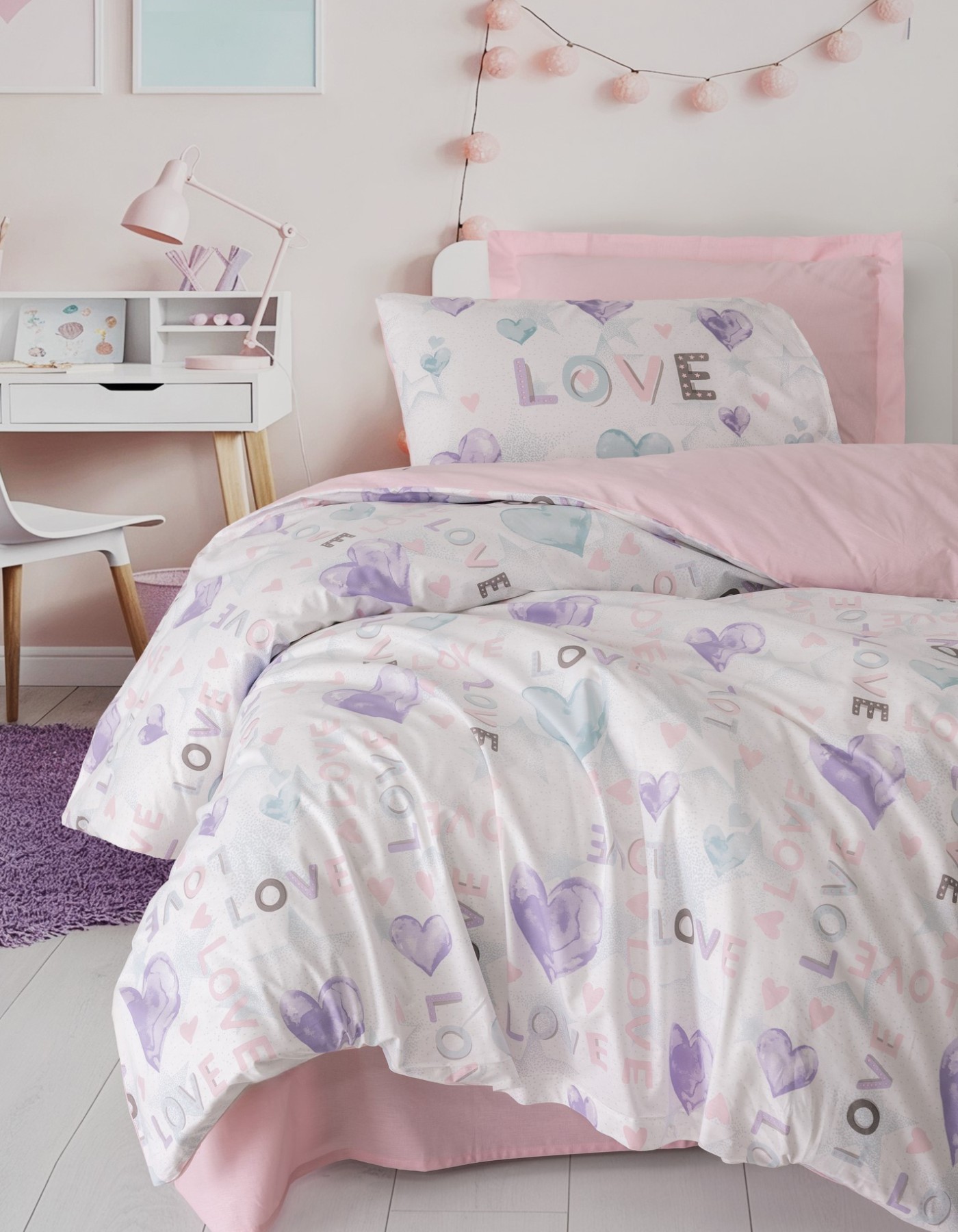 Cotton Box Genç Odası Tek Kişilik Lastikli Çarşaflı Nevresim Takımı Lovella Pembe