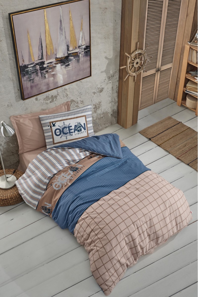 Cotton Box Genç Odası Tek Kişilik Lastikli Çarşaflı Nevresim Takımı Ocean Lacivert