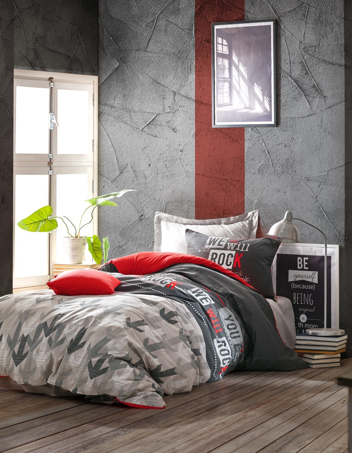 Cotton Box Genç Odası Tek Kişilik Lastikli Çarşaflı Nevresim Takımı Rock Kırmızı