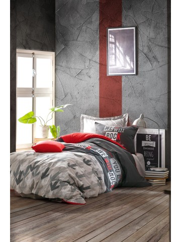 Cotton Box Genç Odası Tek Kişilik Lastikli Çarşaflı Nevresim Takımı Rock Kırmızı