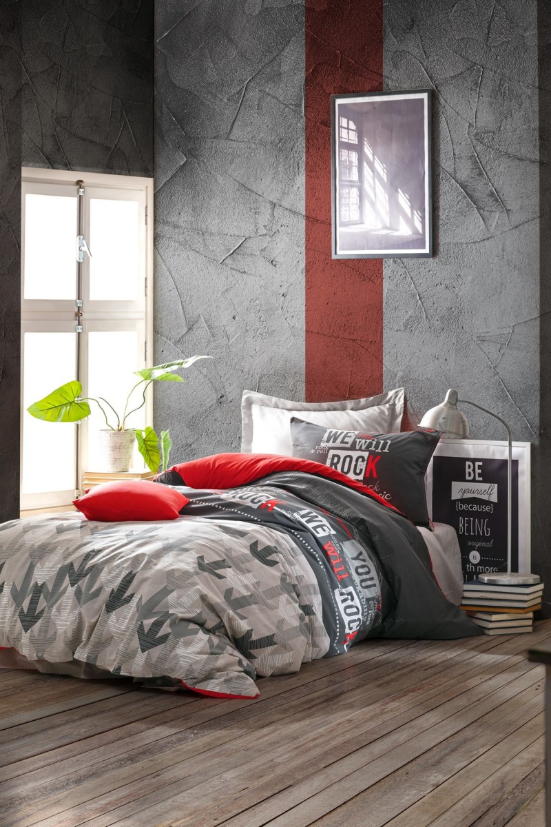 Cotton Box Genç Odası Tek Kişilik Lastikli Çarşaflı Nevresim Takımı Rock Kırmızı