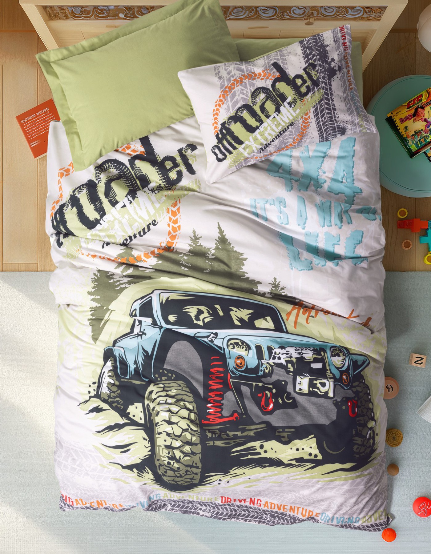 Cotton Box Junior Tek Kişilik Lastikli Çarşaflı Nevresim Takımı Adventure Yeşil