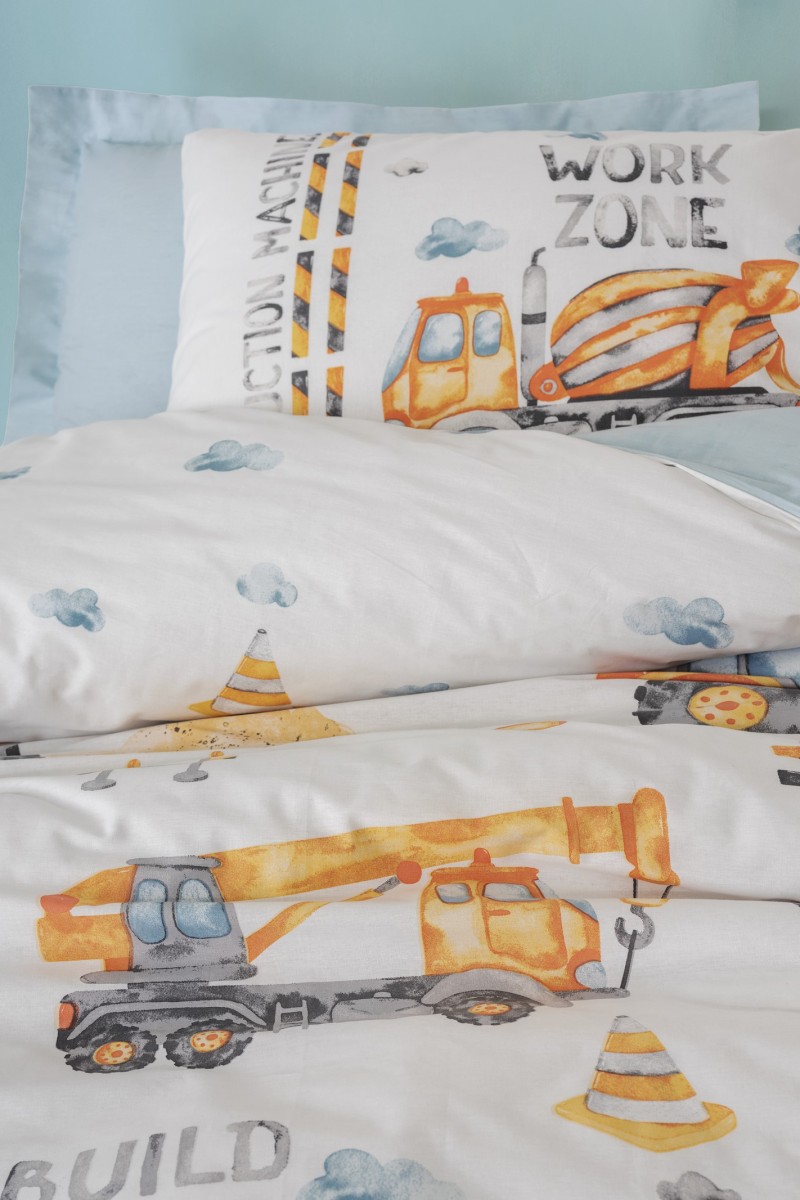 Cotton Box Junior Tek Kişilik Lastikli Çarşaflı Nevresim Takımı Buildo Mavi doku detayı