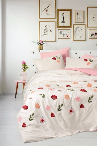 Cotton Box Puff Nakışlı Çift Kişilik Nevresim Takımı Blossom Somon