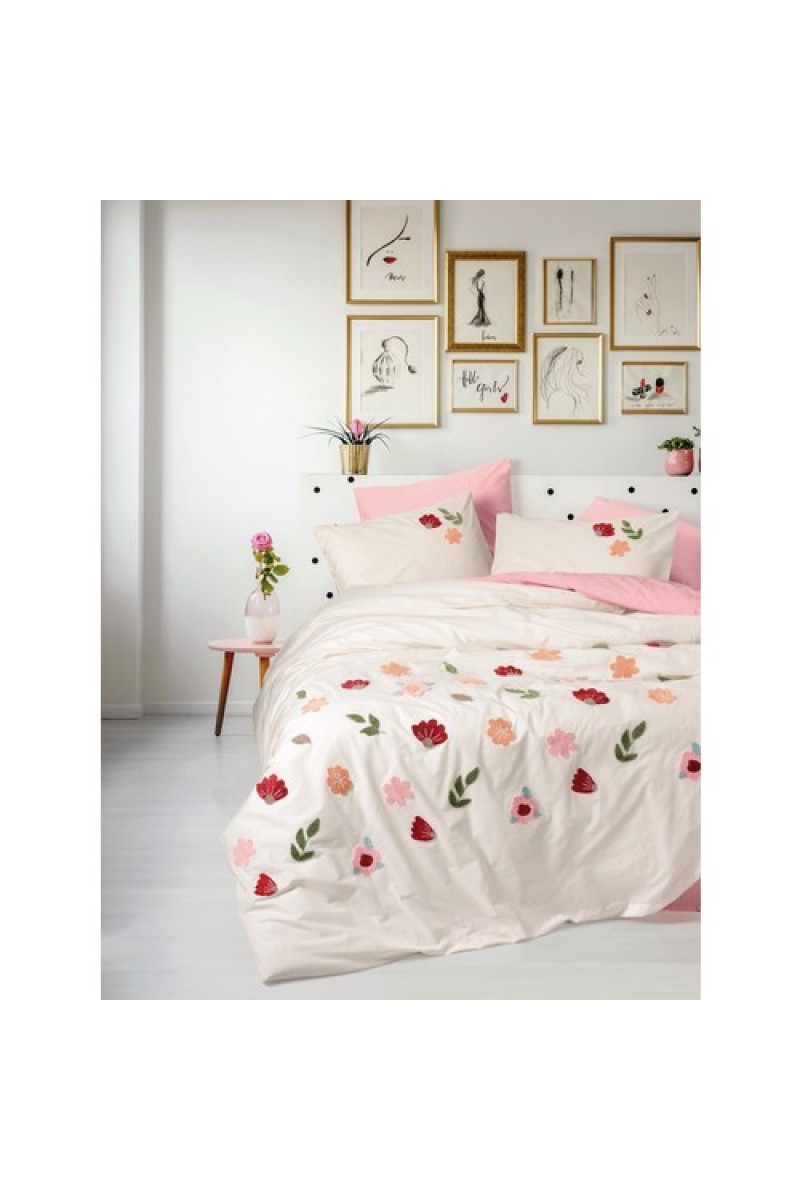 Cotton Box Puff Nakışlı Çift Kişilik Nevresim Takımı Blossom Somon