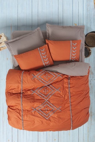 Cotton Box Puff Nakışlı Çift Kişilik Nevresim Takımı Liya Kiremit-Bej