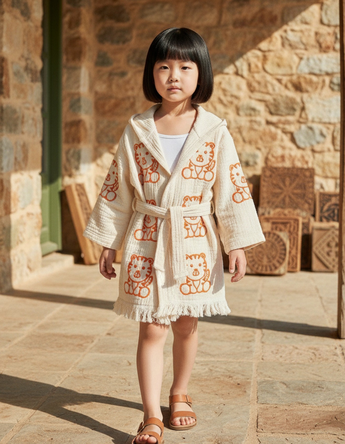 Varol %100 Organik, El İşçiliği Taş Baskı Çocuk Bornozu - Kaplan Varol %100 Organik, El İşçiliği Taş Baskı Çocuk Bornozu - Kaplan