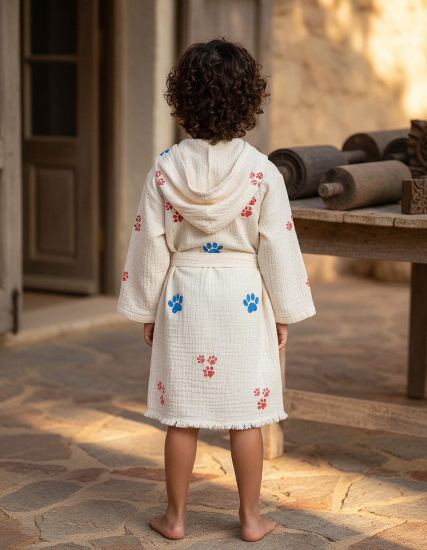 Varol %100 Organik, El İşçiliği Taş Baskı Çocuk Bornozu - Pati