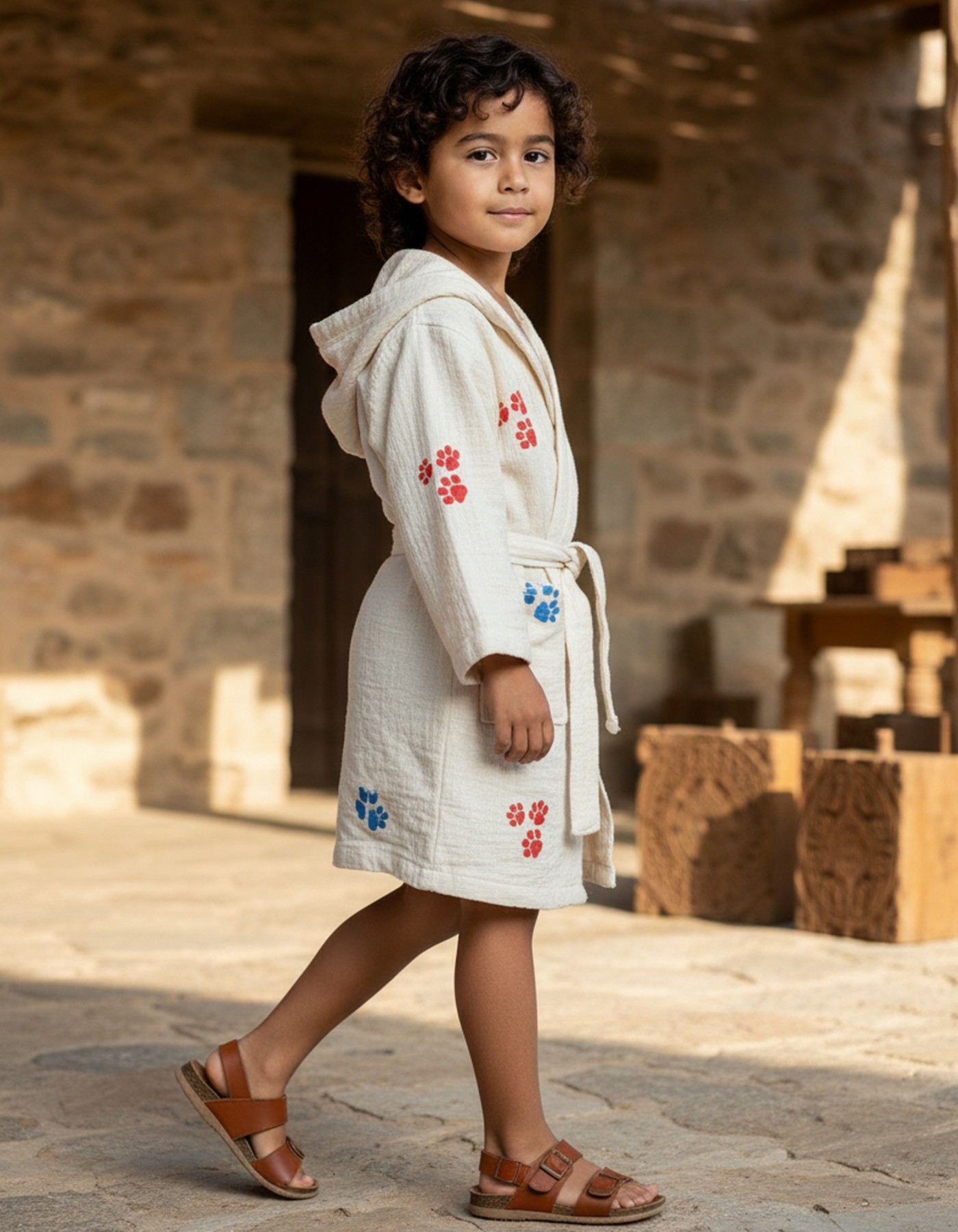 Varol %100 Organik, El İşçiliği Taş Baskı Çocuk Bornozu - Pati