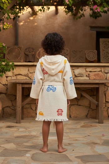 Varol %100 Organik, El İşçiliği Taş Baskı Çocuk Bornozu - Trafik