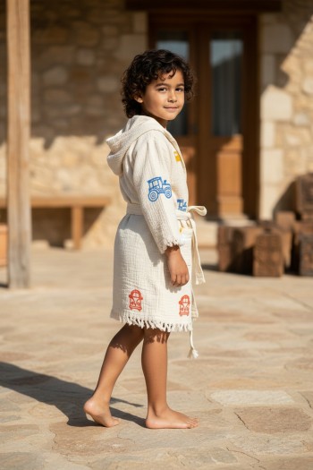 Varol %100 Organik, El İşçiliği Taş Baskı Çocuk Bornozu - Trafik