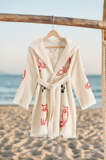 Varol %100 Organik, El İşçiliği Taş Baskı Garson Boy Bornozu - Pisi