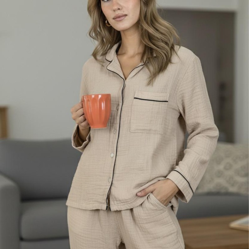 Varol %100 Pamuk Müslin Kadın Pijama Takımı - BEJ Varol %100 Pamuk Müslin Kadın Pijama Takımı - BEJ