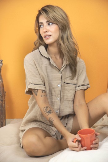 Varol %100 Pamuk Müslin Kadın Şortlu Pijama & Ev Giyim Takımı – Bej