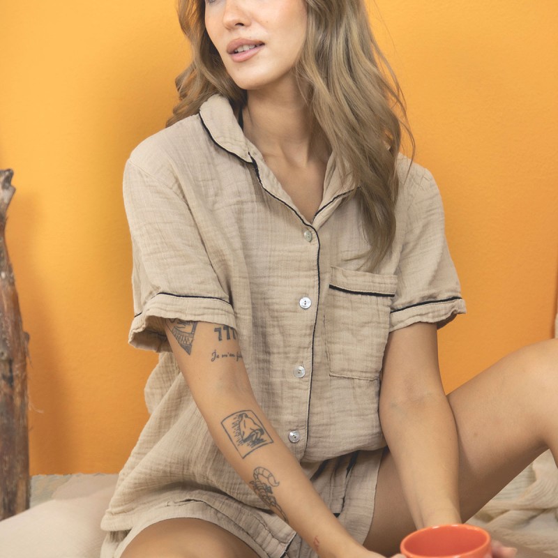 Varol %100 Pamuk Müslin Kadın Şortlu Pijama & Ev Giyim Takımı – Bej