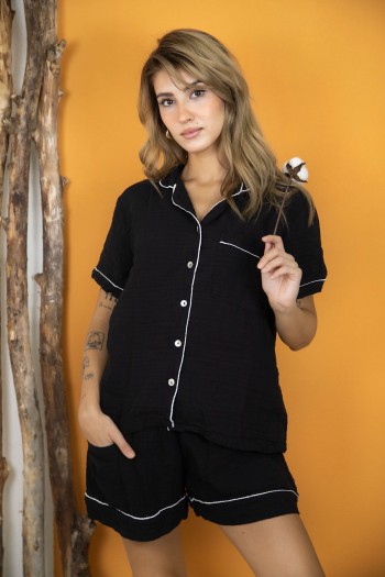 Varol %100 Pamuk Müslin Kadın Şortlu Pijama & Ev Giyim Takımı – Siyah