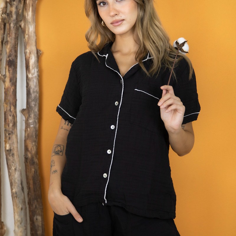 Varol %100 Pamuk Müslin Kadın Şortlu Pijama & Ev Giyim Takımı – Siyah