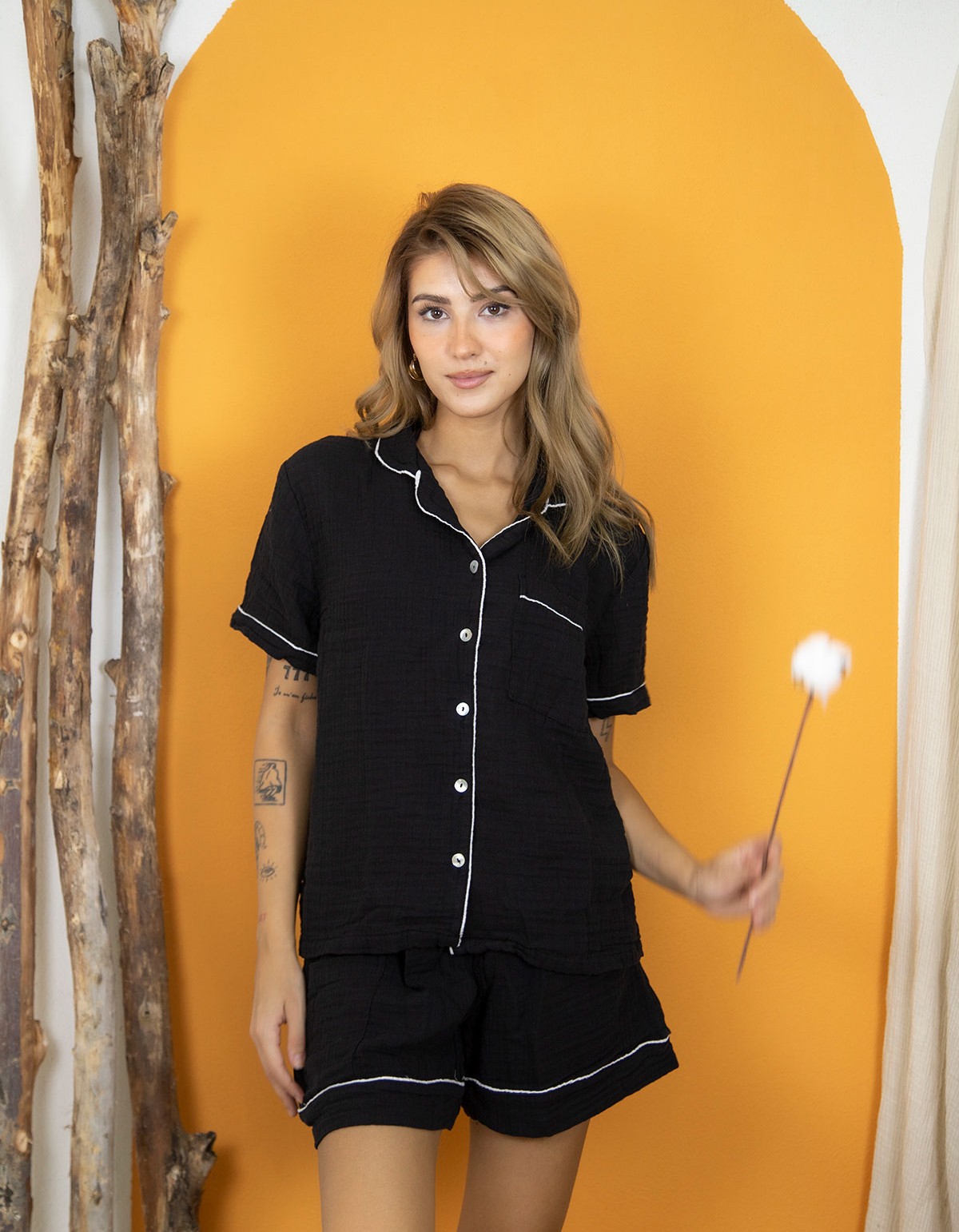 Varol %100 Pamuk Müslin Kadın Şortlu Pijama & Ev Giyim Takımı – Siyah