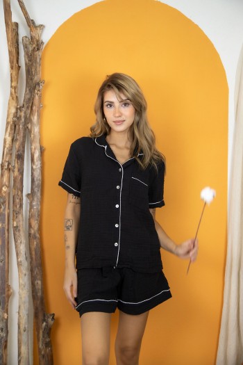 Varol %100 Pamuk Müslin Kadın Şortlu Pijama & Ev Giyim Takımı – Siyah