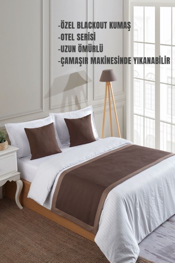 Varol 70x250 Yatak Şalı (Runner) ve 2 Adet 45x45 Kırlent Seti – Otel Konsept Lüx Dekoratif Set - KAHVE-STANDART-70X250