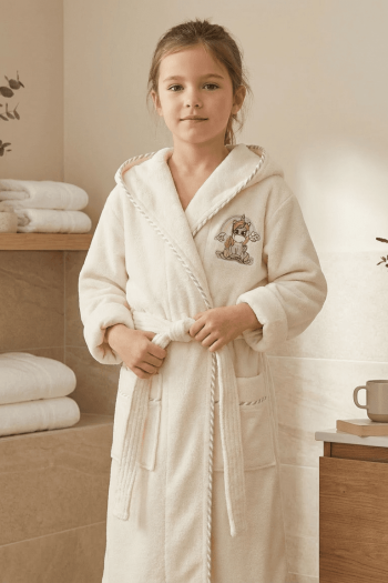 Varol Bambu Nakışlı Çocuk Bornozu - Unicorn - KREM-3-4YAŞ