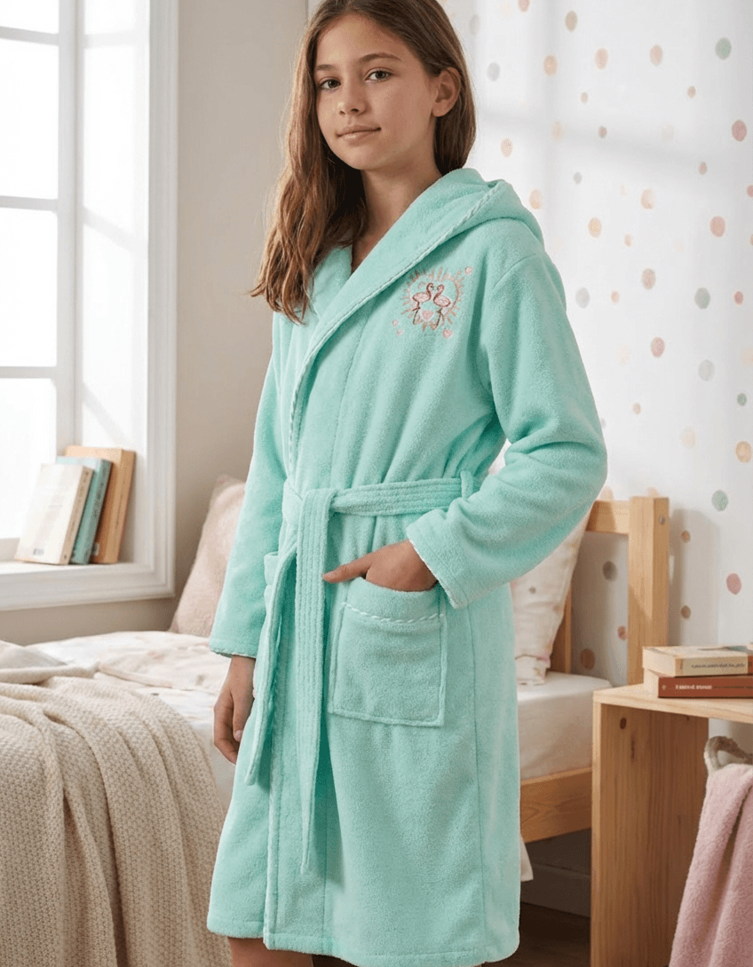 Varol Bambu Nakışlı Garson Boy Bornoz - Flamingo