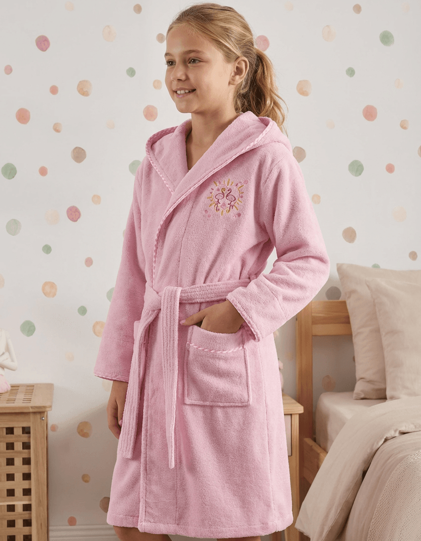 Varol Bambu Nakışlı Garson Boy Bornoz - Flamingo