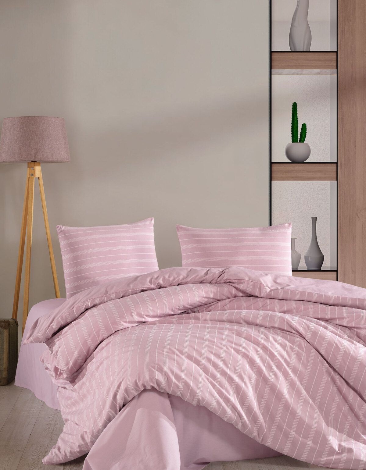 Varol Çarşafı Lastikli Saten Çizgili Çift Kişilik Nevresim Takım