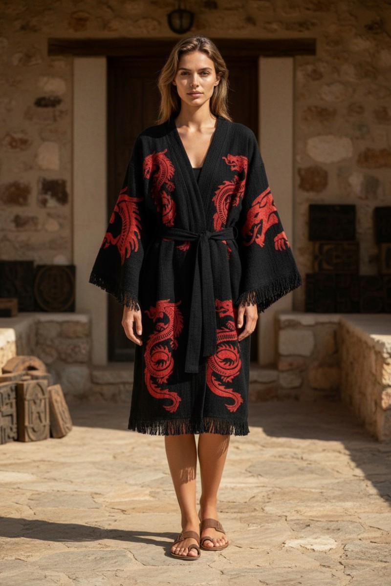 Varol Organik %100 Pamuk Kimono Yaka Sabahlık Bornoz - Viserion detay görseli