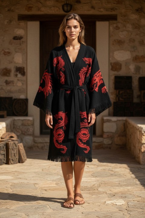 Varol Organik %100 Pamuk Kimono Yaka Sabahlık Bornoz - Viserion KIRMIZI