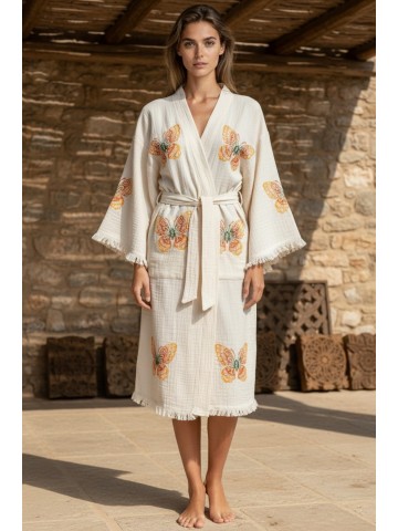 Varol Organik %100 Pamuk Kimono Yaka Sabahlık Bornoz - Kelebek
