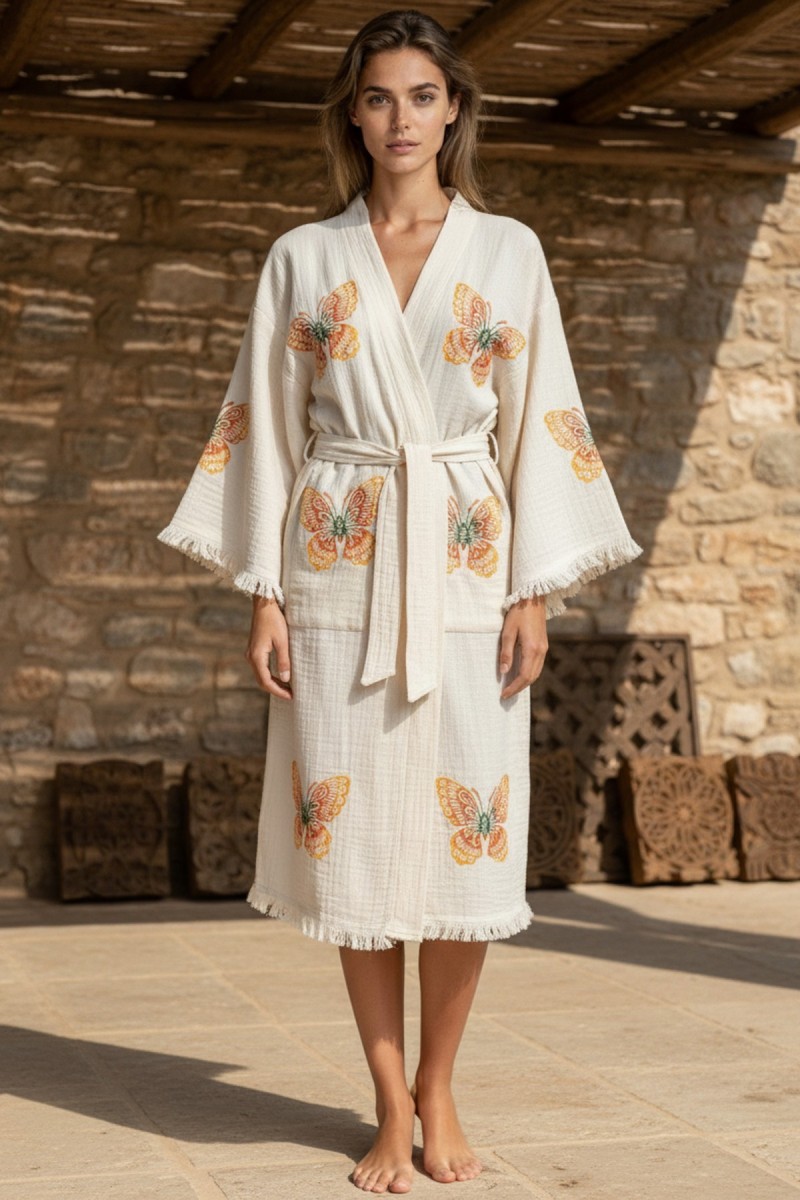 Varol Organik %100 Pamuk Kimono Yaka Sabahlık Bornoz - Kelebek