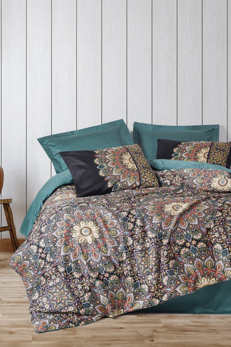 Cotton Box Saten Çift Kişilik Nevresim Takımı Ornate Petrol detay görseli